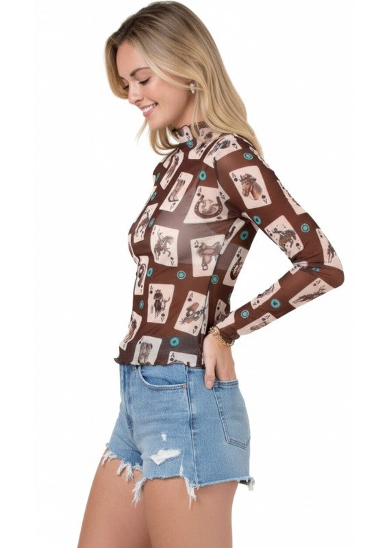 Western Card Print Sheer Top