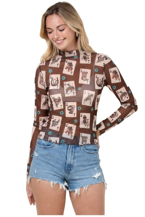 Western Card Print Sheer Top