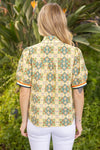 Yellow Striped Trim Embroidered Blouse