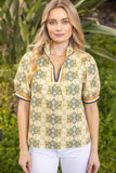 Yellow Striped Trim Embroidered Blouse