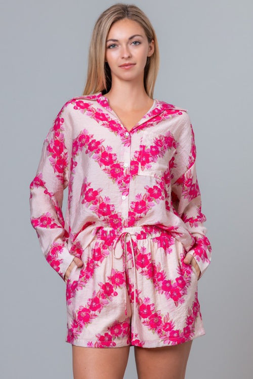 Pink Floral Long Sleeve Button Down and Short Set