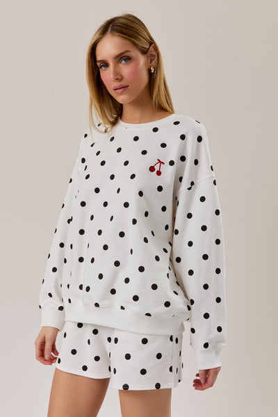 Crew Neck Long Sleeve Polka Dot Print Sweatshirt