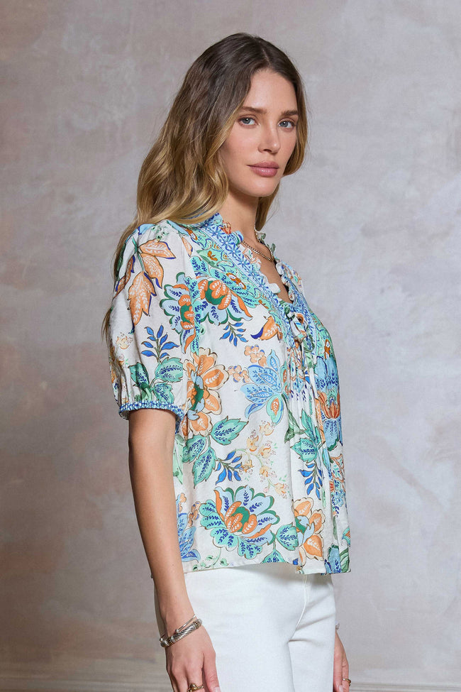 Floral Print, Ruffled Neck Line Blouse