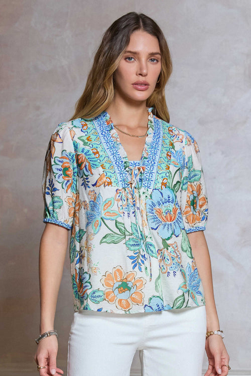 Floral Print, Ruffled Neck Line Blouse