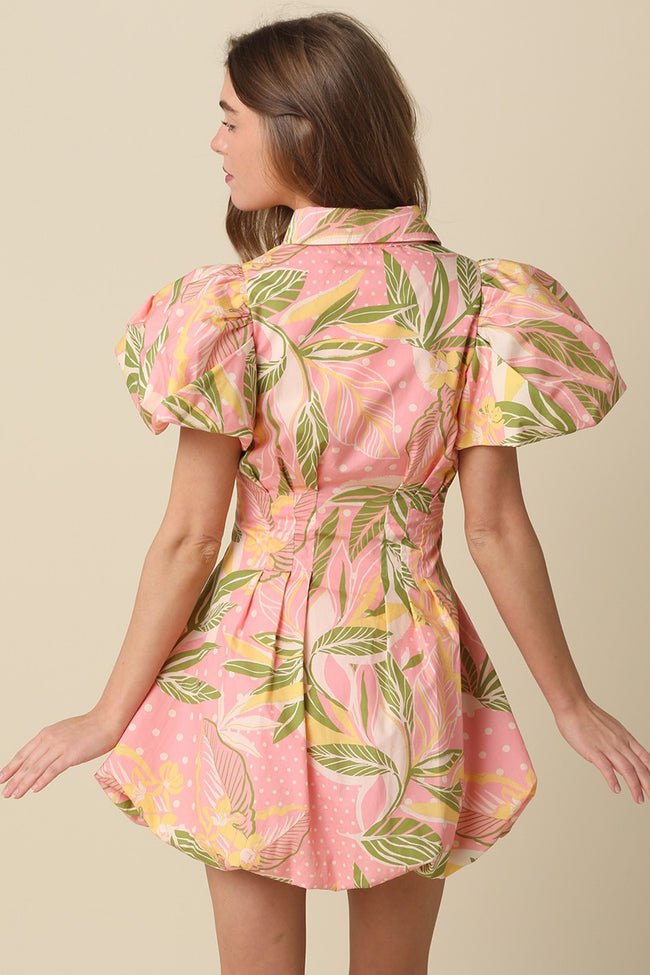 Tropical Puff Sleeve Mini Dress