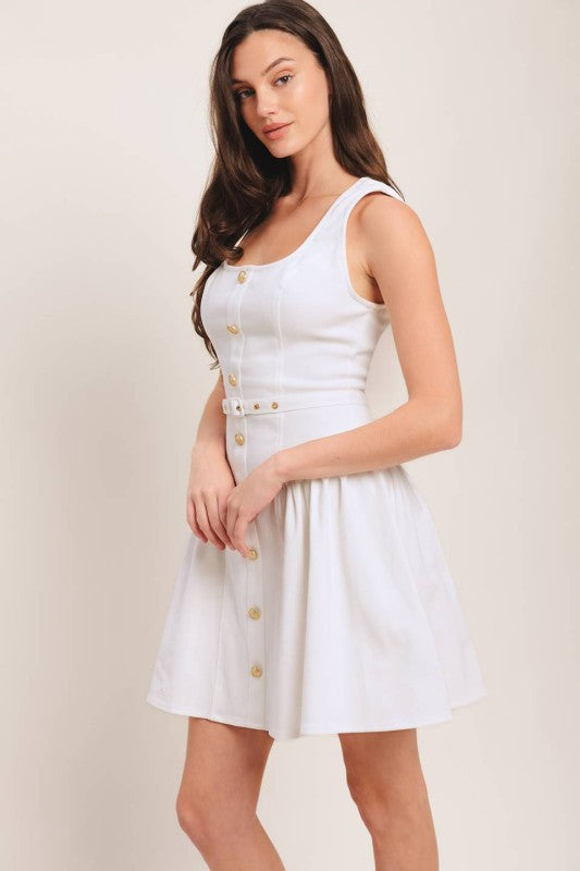 White Golden Belt Dress With Belt
