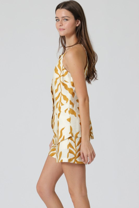 Yellow Printed Button Down Top and Short Set