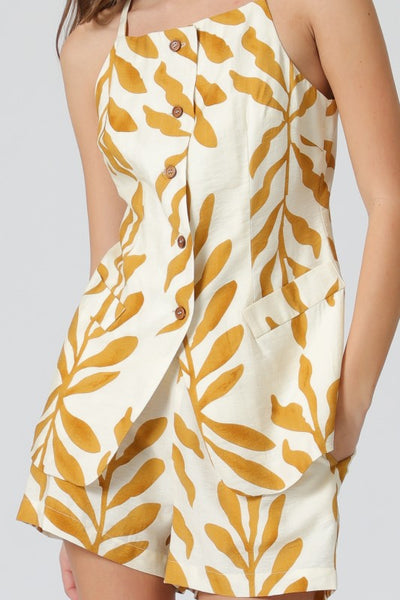 Yellow Printed Button Down Top and Short Set