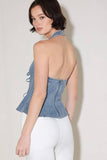 Denim Halter Neck Peplum Top with Front Ties