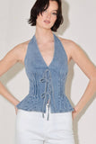 Denim Halter Neck Peplum Top with Front Ties