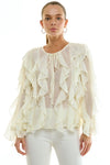 Cream Sheer Ruffle Blouse with Tie Front