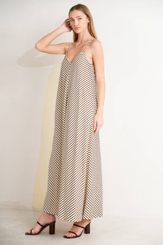Brown and White Striped Maxi Dress with V-Neckline