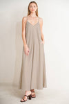Brown and White Striped Maxi Dress with V-Neckline