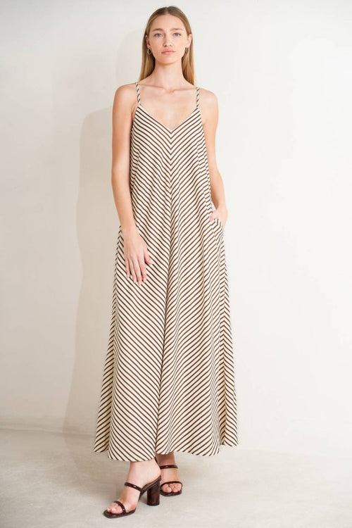 Brown and White Striped Maxi Dress with V-Neckline