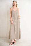 Brown and White Striped Maxi Dress with V-Neckline