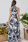 Blue Leaf Detailed High Neck Maxi Dress