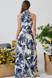 Blue Leaf Detailed High Neck Maxi Dress