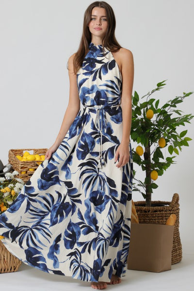 Blue Leaf Detailed High Neck Maxi Dress