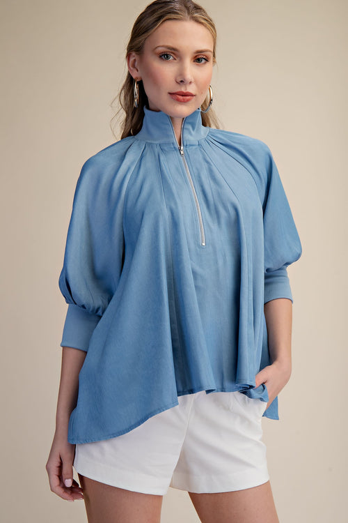 Sky Half Zip Mock Neck Band Puff Sleeve Blouse