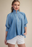 Sky Half Zip Mock Neck Band Puff Sleeve Blouse