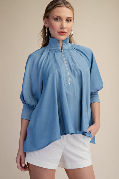 Sky Half Zip Mock Neck Band Puff Sleeve Blouse