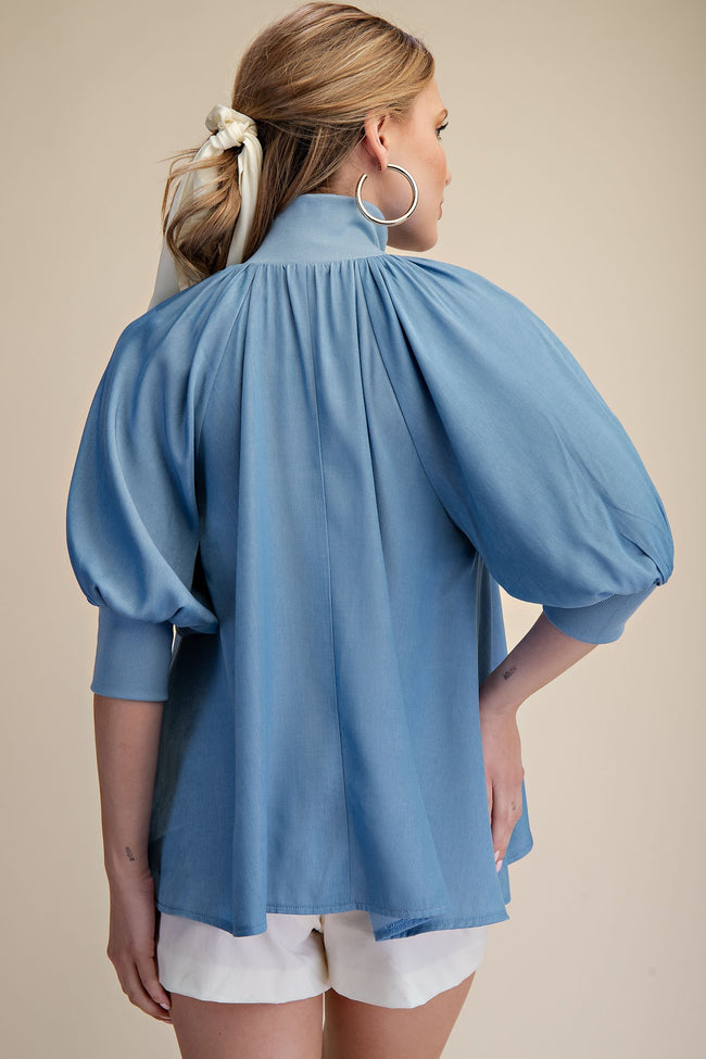 Sky Half Zip Mock Neck Band Puff Sleeve Blouse