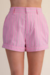 Pink High Waist Rolled Cuffs Hem Tailored Stripe Shorts