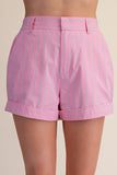Pink High Waist Rolled Cuffs Hem Tailored Stripe Shorts