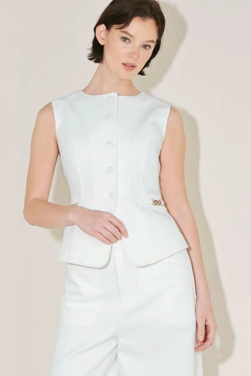 White Button Down Vest With Gold Side Hardware Pocket
