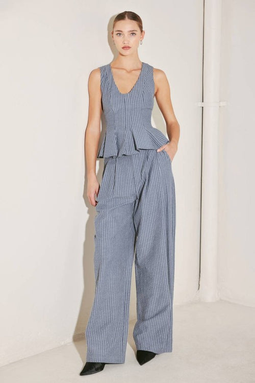 Denim Striped Seersucker Peplum Top