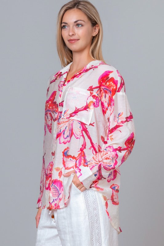 Pink Printed Long Sleeve Button Up