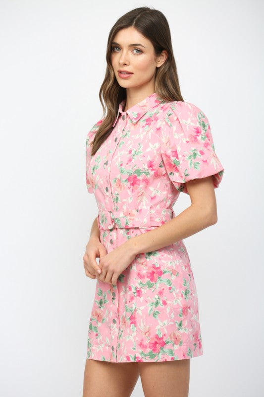 Pink Floral Collared Belted Mini Dress
