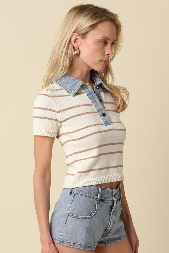Short Sleeve Sweater With Denim Contrast