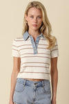 Short Sleeve Sweater With Denim Contrast