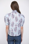 Floral Stripe Blue Print Ruffle Trim High Collar Blouse