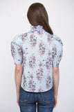 Floral Stripe Blue Print Ruffle Trim High Collar Blouse