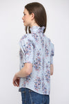 Floral Stripe Blue Print Ruffle Trim High Collar Blouse