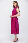 Magenta Front Zip Closure Emb Eyelet Lace Midi Dress