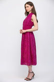Magenta Front Zip Closure Emb Eyelet Lace Midi Dress