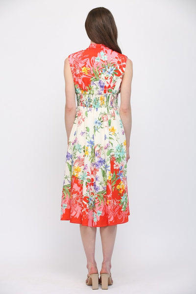 Floral Print Front Zip Closure & Slit Detail Midi Dress