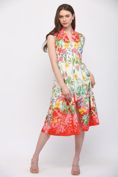 Floral Print Front Zip Closure & Slit Detail Midi Dress