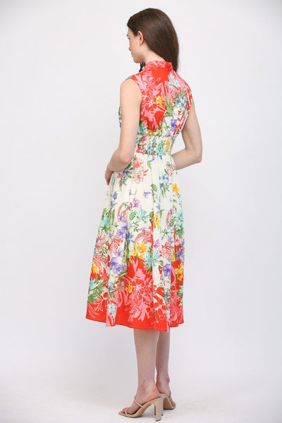 Floral Print Front Zip Closure & Slit Detail Midi Dress