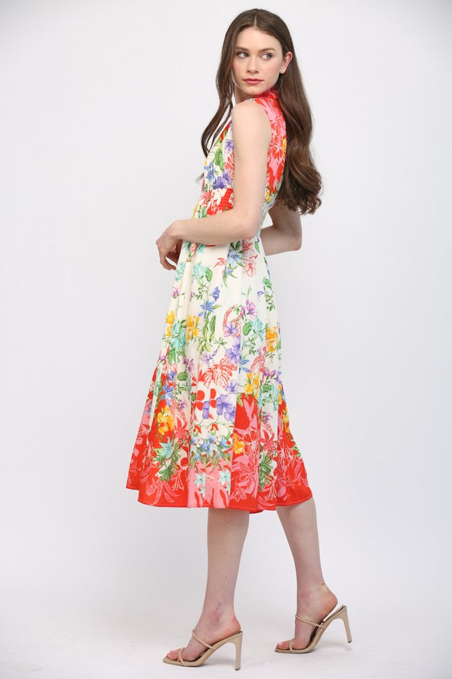 Floral Print Front Zip Closure & Slit Detail Midi Dress