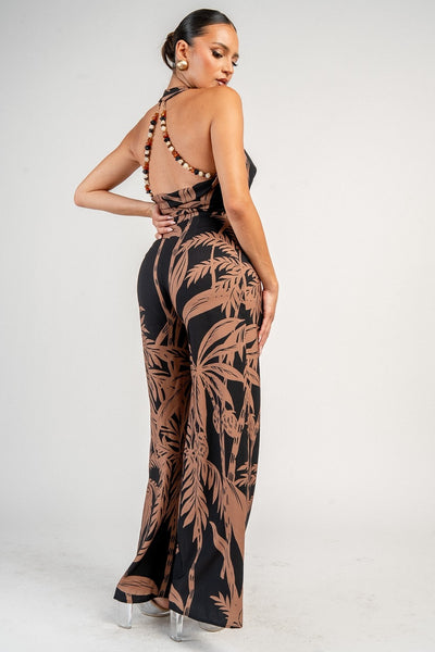 Black/Brown Halter Leaf Print Jumpsuit