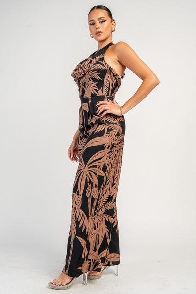 Black/Brown Halter Leaf Print Jumpsuit