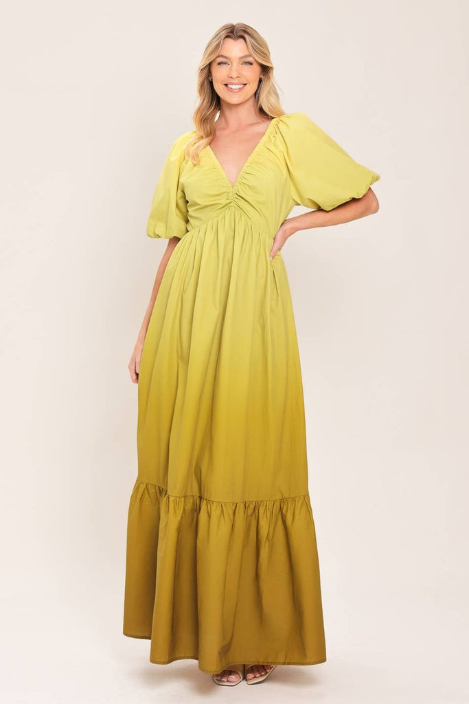 Yellow Ombre Tiered Maxi Dress w/ Puff Sleeves Small