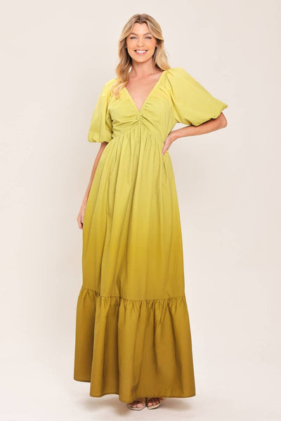 Yellow Ombre Tiered Maxi Dress w/ Puff Sleeves