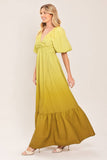 Yellow Ombre Tiered Maxi Dress w/ Puff Sleeves