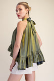 Olive Ruffle Halter Top With Back Neck Tie