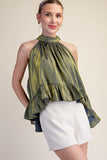 Olive Ruffle Halter Top With Back Neck Tie